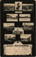 1905 Szentgotthárd, Emlékfa a csata helyszínéről, Kossuth Lajos utca, Szent Kálmán tér, Bujátti testvérek selyemgyára, m. kir. dohánygyár, Rába part, Wellisch Béla könyvkereskedés üzlete és saját kiadása, Art Nouveau (EK)