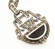 Ezüst(Ag) fülbevalópár markazittal, jelzett, pótolt sróffal, h: 6 cm, bruttó: 13,6 g