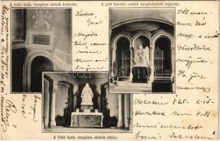 1908 Fót, Katolikus templom sírbolt bejárata és oltára, belső, Gróf Károlyi család nyughelyének bejárata. Kropacsek János kiadása, Art Nouveau