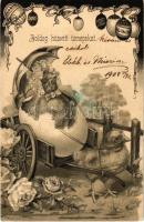 1904 Boldog húsvéti ünnepeket! tojás kocsi. Dombornyomott litho / Easter greeting with egg cart. Embossed litho (Rb)