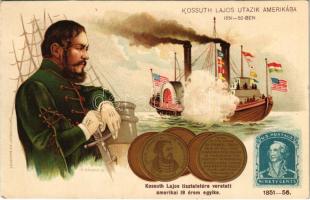 Kossuth Lajos tiszteletére veretett amerikai 18 érem egyike; Kossuth Lajos utazik Amerikába 1851-1852-ben. Jelenetek Kossuth Lajos élete történetéből I. kiadás V. kép. Athenaeum Rt. Budapest / Scenes from the life of Lajos Kossuth. Art Nouveau, Emb. litho s: K. Sávely D.