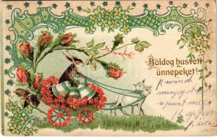 Boldog húsvéti ünnepeket! Dombornyomott nyuszi / Easter greeting, rabbit. Embossed Art Nouveau, floral litho (Rb)