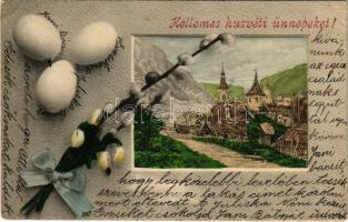 Kellemes húsvéti ünnepeket! Montázs tojással és barkaággal / Easter greeting, Art Nouveau montage, A.S.W. Serie 403. (EK)