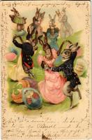 1901 Boldog húsvéti ünnepeket! nyuszi bál / Easter greeting, rabbit ball. litho (EK)