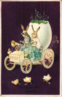 1908 Boldog húsvéti ünnepeket! nyuszimobil. Dombornyomott / Easter greeting, rabbit in automobile. Embossed litho (EK)