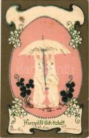 1905 Húsvéti üdvözlet! Szecessziós dombornyomott nyuszi pár / Easter greeting, rabbit couple. Art Nouveau embossed litho (EB)