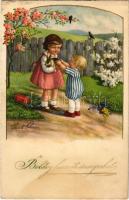 Boldog húsvéti ünnepeket! Kisgyerekek / Easter greeting art postcard with children. A.R. No. 2749. litho s: Pauli Ebner