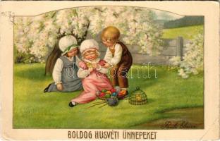 1933 Boldog húsvéti ünnepeket! Kisgyerekek / Easter greeting art postcard with children. No. 2495. litho s: Pauli Ebner (EK)