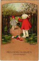 1938 Boldog húsvéti ünnepeket! Kisgyerekek / Easter greeting art postcard with children. litho s: Pauli Ebner (EB)