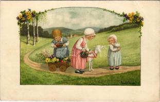 Húsvéti üdvözlet. Kisgyerekek / Easter greeting art postcard with children. August Rökl Wien I. Nr. 1323. litho s: Pauli Ebner (EB)