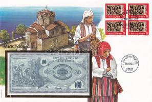 Macedónia 1992. 100D borítékban, alkalmi bélyeggel és bélyegzéssel T:UNC Macedonia 1992. 100 Dinar in envelope with stamps and cancellations C:UNC