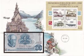 Norvégia 1977. 10K felbélyegzett borítékban, bélyegzéssel T:UNC Norway 1977. 10 Kroner in envelope with stamp and cancellation C:UNC