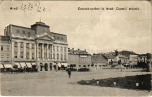 1913 Arad, Kossuth szobor, Arad-Csanádi takarékpénztár, üzletek. Kerpel Izsó kiadása / statue, savings bank, shops (EK)