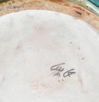 Nagy méretű kerámia mosakodó tál, közel-keleti mintával, jelzéssel, réz szerelékkel, fa tartón, bels...