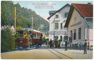 1911 Trencsénteplic, Trencianske Teplice; Villamos vasút főállomása. Kiadja Wertheim Zsigmond / Hauptstation der elektrischen Bahn / tram station, tramways, railway station (EK)