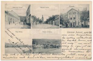 1908 Puhó, Púchov; Rákóczy és Baross utca, vasútállomás, Vág hídja. Visnovsky Andr. kiadása / streets, Váh river bridge, railway station