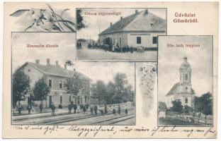 1912 Rimaszécs, Rimavska Sec, Siac (Gömör); vasútállomás, Korona nagyvendéglő, római katolikus templom. Fried Ábrahám kiadása / railway station, restaurant, church. Art Nouveau, floral (EK)