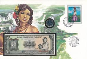 Paraguay Folklór érmés és bankjegyes, pecsételt boríték benne 1984. 5G rozsdamentesacél érmével és 1952. 5G bankjeggyel, német leírással T:UNC