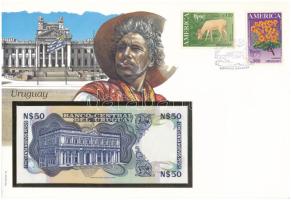 Uruguay 1989. 50P borítékban, alkalmi bélyeggel és bélyegzéssel T:UNC Uruguay 1989. 50 Pesos in envelope with stamps and cancellations C:UNC