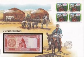 Türkmenisztán 1993. 1M felbélyegzett borítékban, bélyegzéssel T:UNC  Turkmenistan 1993. 1 Manat in envelope with stamp and cancellation C:UNC