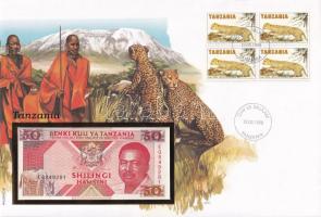 Tanzánia 1993. 50Sh felbélyegzett borítékban, bélyegzéssel T:UNC  Tanzania 1993. 50 Shilingi in envelope with stamp and cancellation C:UNC
