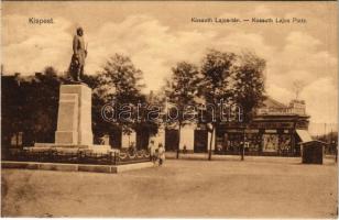 1916 Budapest XIX. Kispest, Kossuth Lajos tér és szobor, Pesti bank és takarékpénztár, üzletek