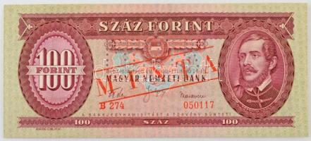 1960. 100Ft "B 274 - 050117" sorozat és sorszámmal illetve piros "MINTA" felülnyomással és perforációval T:UNC Hungary 1960. 100 Forint with "B 274 - 050117" serial number and with red "MINTA" (SPECIMEN) overprint and perforation C:UNC Adamo F30M