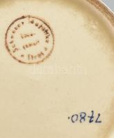 Antik kék levélmintás fajansz csésze alátéttel, kopásokkal, jelzett, m: 7 cm