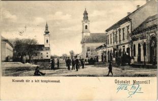 1902 Monor, Kossuth tér a két templommal, Surányi Sámuel üzlete