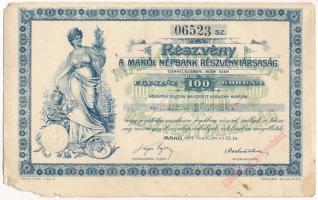 Makó 1917. "Makói Népbank Részvénytársaság" részvénye 100K-ról szelvényekkel, szárazpecséttel, felülbélyegzéssel T:F nagyobb szakadás, anyaghiány