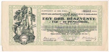 Nagyatád 1928. "Néptakarékpénztár Részvénytársaság Nagyatádon" részvénye 10P-ről, szelvényekkel T:F