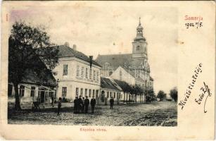 1902 Somorja, Csallóköz-Somorja, Somorin, Samorín; Kápolna utca, Polgári fiú és leány tanoda, iskola, üzlet / street, shool, shop (Rb)