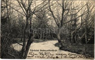 1905 Stubnyafürdő, Túróchévíz, Stubnianske Teplice, Turcianske Teplice; park részlet. Stransky Jakab és veje kiadása / river by the park (EK)