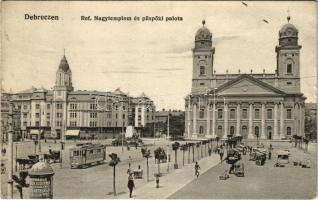 1914 Debrecen, Református nagytemplom és püspöki palota, villamos, piac, Első Magyar Általános Biztosító Társaság, hirdetőoszlop. Hegedüs és Sándor kiadása (EK)