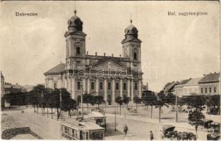 Debrecen, Református nagytemplom, villamos, piac. Aczél Henrik kiadása (EK)