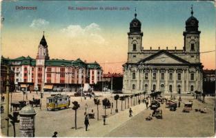 1917 Debrecen, Református nagytemplom és püspöki palota, villamos, piac, Első Magyar Általános Biztosító Társaság, hirdetőoszlop. Vasúti levelezőlapárusítás 20. sz. 1916. (EM)