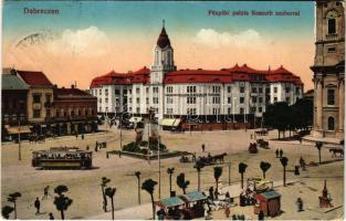 1916 Debrecen, Püspöki palota, Kossuth szobor, piac, villamos, Első Magyar Általános Biztosító Társaság főügynöksége (Rb)