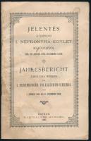 Jelentés a Soproni I. Népkonyha-Egylet működéséről 1905. évi január 1-től deczember 31-éig. Sopron, 1906, Romwalter Alfréd, 18 p. Magyar és német nyelven. Kiadói tűzött papírkötés, foltos.