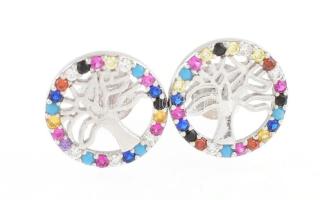 Ezüst(Ag) életfás fülbevalópár színes kövekkel, jelzett, d: 1 cm, bruttó: 1,3 g