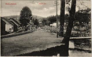 Resicabánya, Resicza, Recita, Resita; Petőfi sor, vasúti sínek / street view, railway tracks - képeslapfüzetből / from postcard booklet