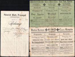 cca 1917 Rotes Kreuz-Kino Przemysl / Zasanie, 2 db moziműsor, kisebb sérülésekkel + Henrich Blatt Uniformirungs-Anstalt Przemysl fejléces számla, foltos