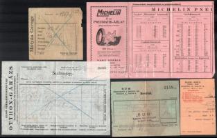 cca 1920-1930 Autós témájú papírrégiség: reklámlevelek, nyugták, szállítójegy, stb. (közte Michelin ...