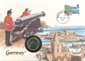 Guernsey 1987. 5p Cu-Ni felbélyegzett borítékban, bélyegzéssel, német nyelvű leírással T:AU Guernsey 1987. 5 Pence Cu-Ni in envelope with stamp, cancellation and a prospectus in german C:AU