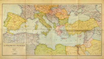 cca 1940 A Földközi tenger térképe, Bp., Kókai Lajos kiadása (Hornyánszky Viktor-ny.), lapszéli szakadásokkal, 115x64,5 cm
