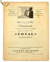 1926-1927 Vélemények a folyékony szénsavval működő, száraz porsugárral oltó "Total" tűzoltókészülékről. Magyar gyártmányú tűzoltókészülék ismertetése, valamint a gyakorlatban történt alkalmazásával kapcsolatos tapasztalatok leírása, 6+6 oldalon + Hivatalos levél a "Total" készülékkel végzett tűzoltási próba eredményéről ("bevált és alkalmasnak bizonyult"). Fűzve, helyenként kis lapszéli sérülésekkel, foltokkal.