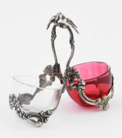 Ezüst(Ag) só és borstartó, sérült üveg betéttel, jelzett, 8×8,5 cm, nettó: 25,8 g