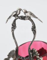 Ezüst(Ag) só és borstartó, sérült üveg betéttel, jelzett, 8×8,5 cm, nettó: 25,8 g