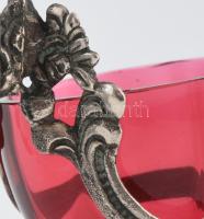 Ezüst(Ag) só és borstartó, sérült üveg betéttel, jelzett, 8×8,5 cm, nettó: 25,8 g