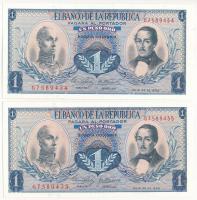 Kolumbia 1968. 1P (2db) sorszámkövető T:UNC Colombia 1968. 1 Peso (2pcs) consecutive serials C:UNC Krause P#404d