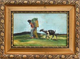 Jelzés nélkül: Asszony kecskével,. Olaj, karton, keretben 18x12 cm